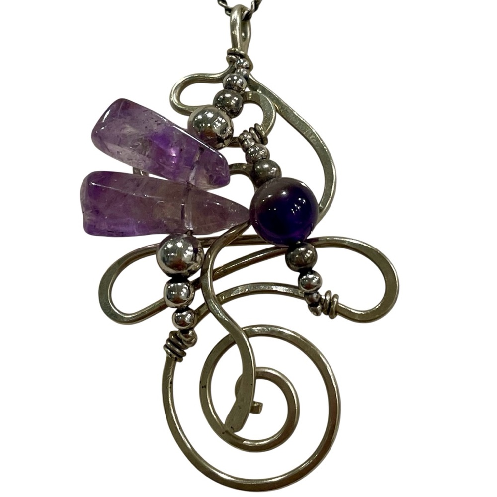 Silver Tone Wire and Amethyst Pendant